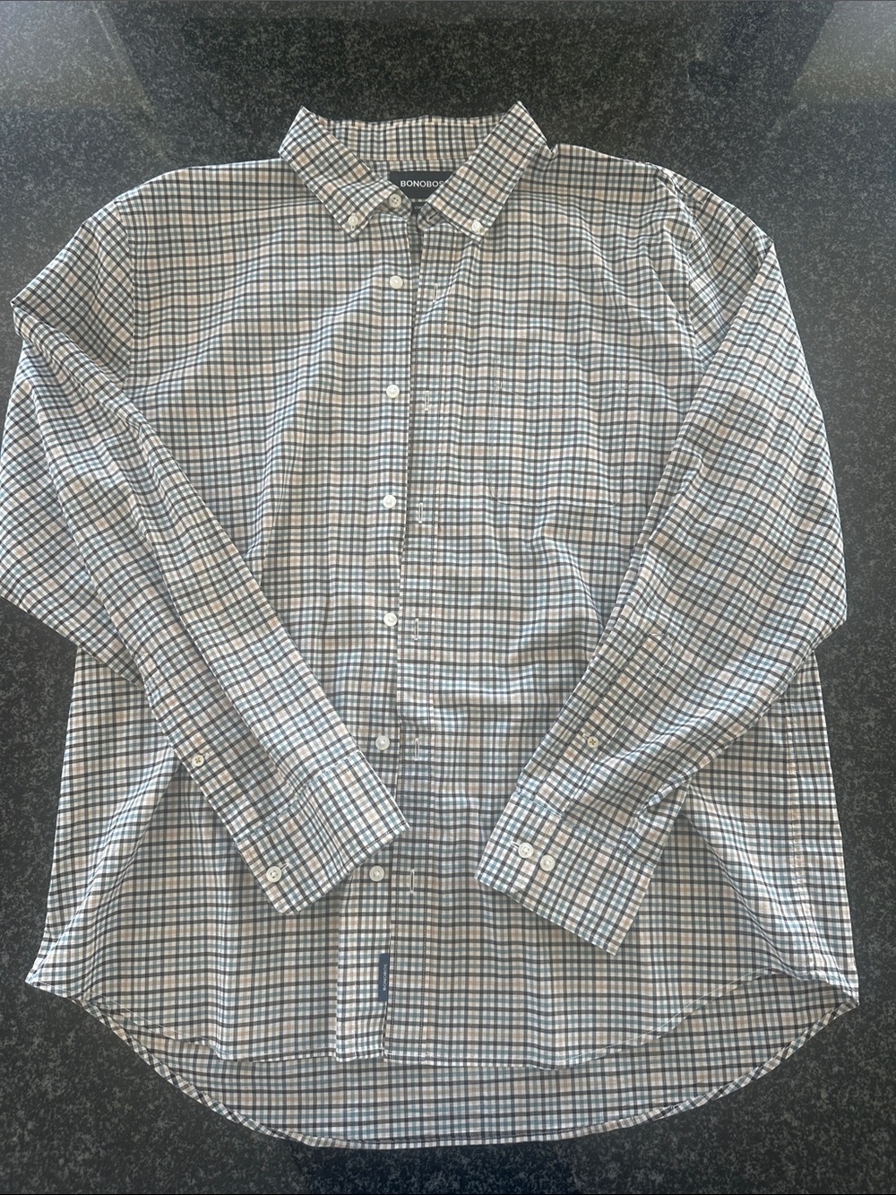 Bonobos Men’s Button Down Shirt. Brown, tan, cream and teal check. Size XXL